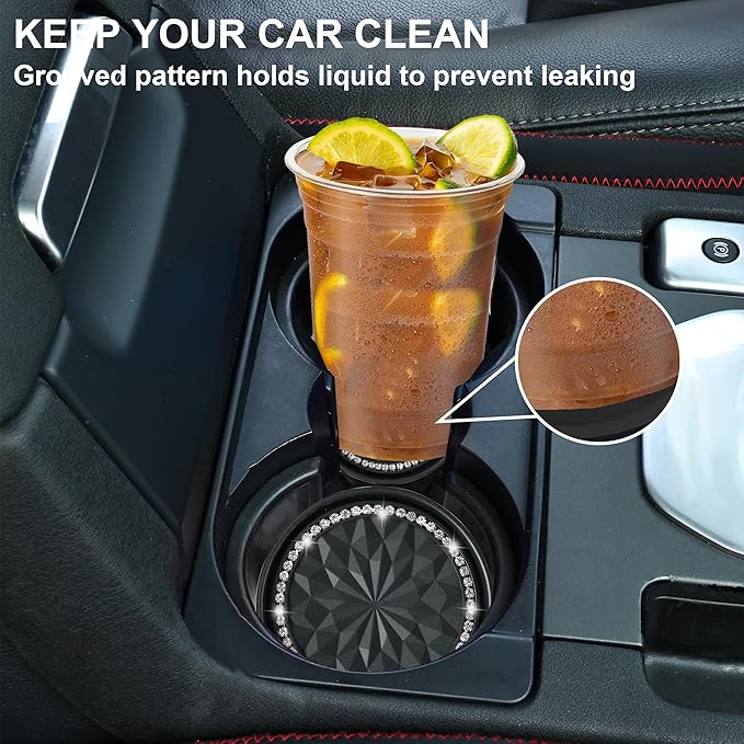 Amooca Car Cup Coaster 4 Pack Universal Non-Slip Cup Holders Insert Coasters Bling Crystal Rhinestone Car Interior Accessories Black Flower