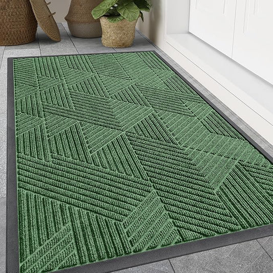Smiry Front Door Mat Outside Entrance, Heavy Duty Sturdy Natural Rubber Doormat, Trap Dirt and Moisture, Easy Clean Low Profile Mats for Indoor Outdoor Entry, Irregular Triangle (59x35, Green)