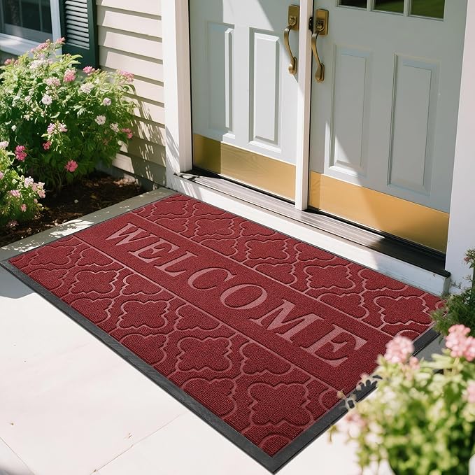 Yimobra Welcome Mat Outdoor Indoor, All-Season Waterproof Front Door Mat Outside Entrance, All-Weather Heavy Duty Non-Slip Doormat, Low Profile Porch Patio Entrance Mats, 60x36, Red