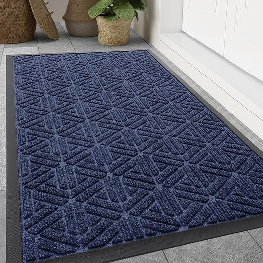 Smiry Front Door Mat Outside Entrance, Heavy Duty Sturdy Natural Rubber Doormat, Trap Dirt and Moisture, Easy Clean Low Profile Mats for Indoor Outdoor Entry, Grid Geometric (47x32, Navy Blue)