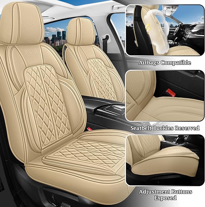 Leather Automotive Seat Covers Universal Fit for Cars, SUV, Sedans, Anti-Slip & Breathable (Beige, Full Set)