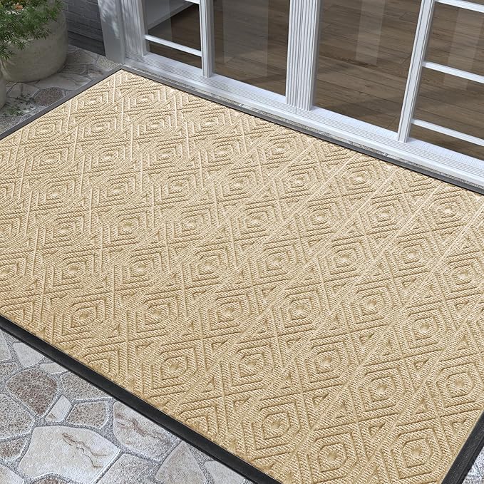 Yimobra Door Mat, Outdoor Indoor Entrance Welcome Mat, Heavy Entry Front Door Mat, Stain & Fade Resistant, Low Profile, Sturdy Rubber, Easy Clean Patio Floor Mat, Waterproof, 60 x 36,Light Beige