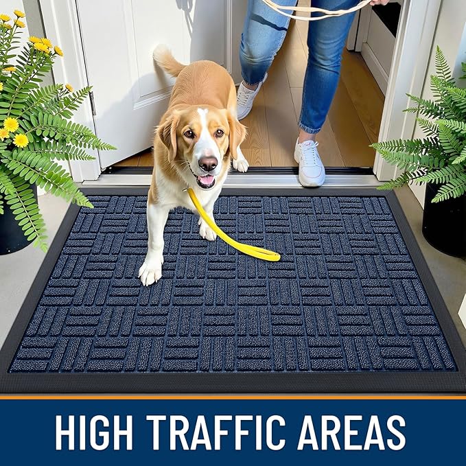 OLANLY Front Door Mat Outside Entrance 33x21, Absorbent, Heavy Duty Sturdy Natural Rubber Doormat Indoor Outdoor, Non-Slip, Stain and Fade Resistant, Low Profile Floor Mat for Entryway, Navy Blue