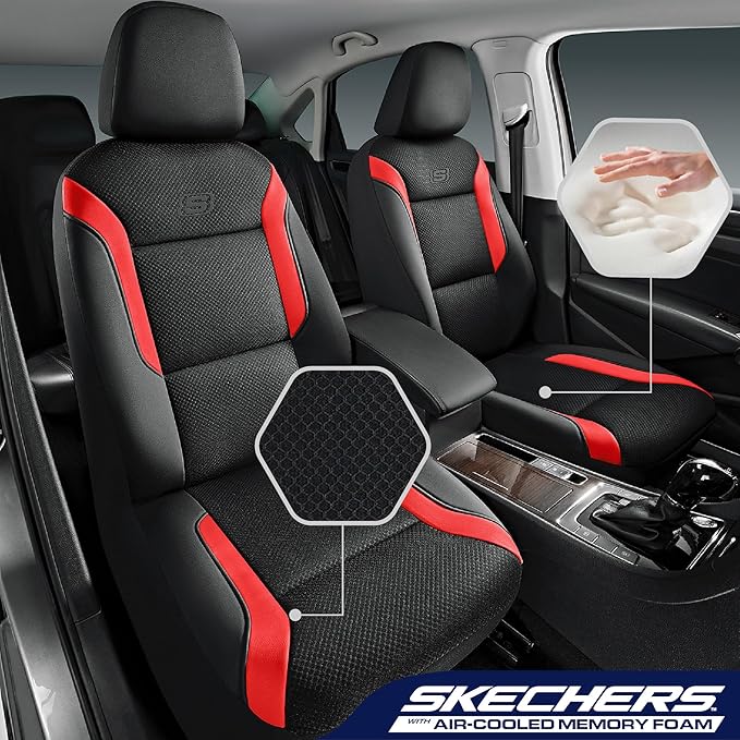 Skechers Memory Foam Car Seat Covers, Air Cool Mesh Thick Seat Covers, Car Seat Full Sets, Airbag Compatible, Automotive Comfort Protection for Most Cars,Vans,Trucks, SUVs,Red