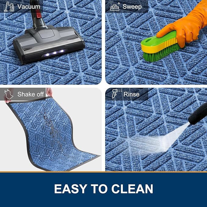 Smiry Front Door Mat Outside Entrance, Heavy Duty Sturdy Natural Rubber Doormat, Trap Dirt and Moisture, Easy Clean Low Profile Mats for Indoor Outdoor Entry, Grid Geometric (47x32, Blue)