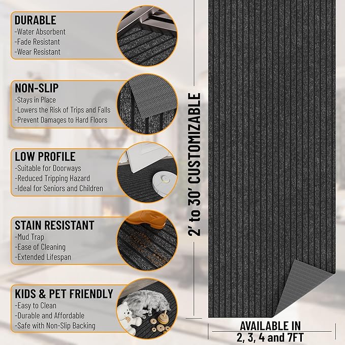 Ottomanson 2'7" x 31' Hallway Runner with Scraper Pile - Extra Durable Non-Slip Rug Mat for Indoor & Outdoor Use - Ideal for Kitchen, Entryway & Garage - High-Traffic Carpet, Black