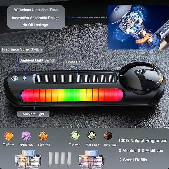 Smart Car Air Freshener with Solar, Car Diffuser with Auto On/Off, Aluminum Alloy Body, 3 Adjustable Concentration, Built-in Battery, Ambient Light, Best Essential Oil Diffuser for Car Black