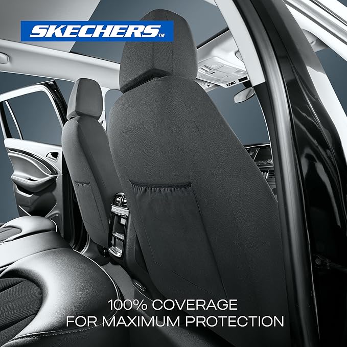 Skechers Seat Covers, Premium Breathable Polyester Seat Covers, Car Seat Covers Front Seats Airbag Compatible, Automotive Comfort for Most Cars, Vans, Trucks, SUVs (Two Front, Black)