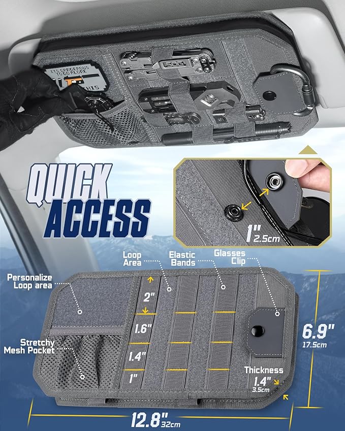 WYNEX Molle Car Sun Visor Organizer, Original Design Car Accessories with Zipper Visor Storage Pouch & Glasses Clip, Semi-Rigid Molle Panel for Tactical Gears, Fits Most Vehicles, SUVs, Trucks