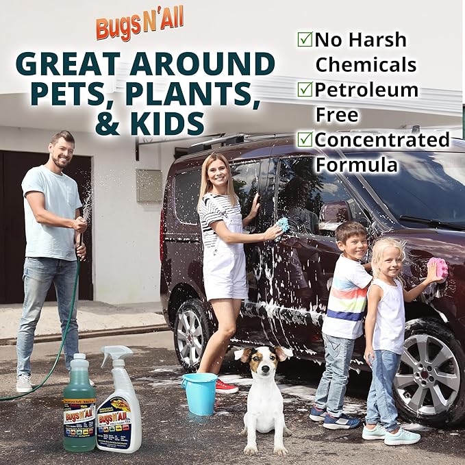 Bugs N’ All Multipurpose Car Cleaner & Degreaser - Bug & Tar Remover Concentrate 32 oz - Exterior Cleaner Safe for Car Paint, Metal, Chrome, Aluminum, Windows & Mirrors - w/Free 32 oz Spray Bottle