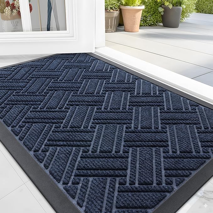 OLANLY Indoor Outdoor Mat, Sturdy Natural Rubber Floor Mat, Non Slip Low Profile Waterproof Doormat, and Stain Front Door Mats, Easy Clean Patio Entrance Mat, 30''x17'', Navy