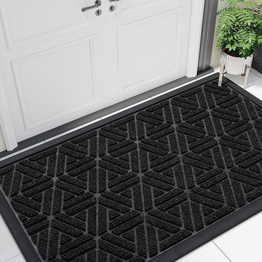 Smiry Front Door Mat Outside Entrance, Heavy Duty Sturdy Natural Rubber Doormat, Trap Dirt and Moisture, Easy Clean Low Profile Mats for Indoor Outdoor Entry, Grid Geometric (47x24, Black)