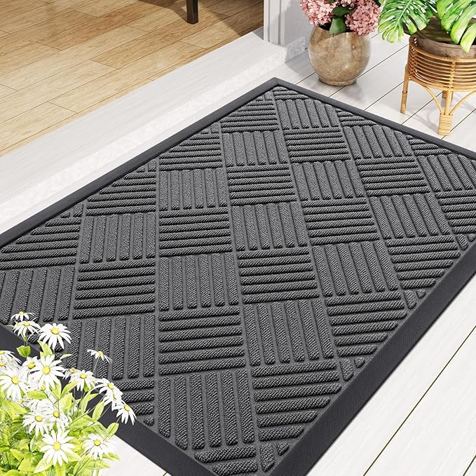 Smiry Front Door Mat Outside Entrance, Heavy Duty Outdoor Indoor Natural Rubber Doormat, Non Slip, Trap Dirt and Moisture, Easy Clean, Low Profile Patio Porch Entryway Mat, 47x32, Grey