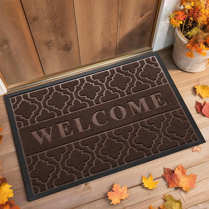 Yimobra Welcome Matt Outdoor Indoor 29.5x17, All-Weather Waterproof Front Door Mat Outside Entrance, Non-Slip Low Profile Porch Patio Doormat, Brown