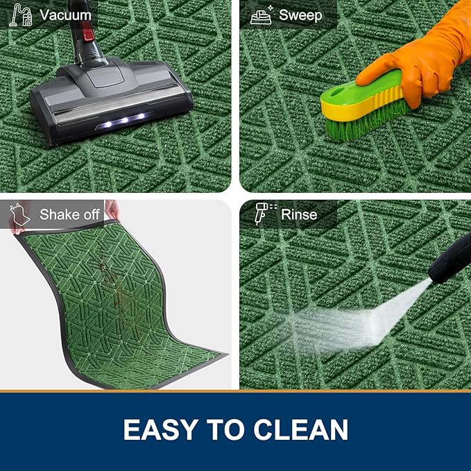 Smiry Front Door Mat Outside Entrance, Heavy Duty Sturdy Natural Rubber Doormat, Trap Dirt and Moisture, Easy Clean Low Profile Mats for Indoor Outdoor Entry, Grid Geometric (36x24, Green)