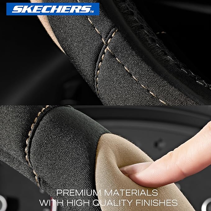 Skechers Steering Wheel Cover,Memory Foam Car Steering Wheel Cover,14.5-15inch Anti-Slip Safety Comfortable Desgin, Universal Accessory for Diverse Cars, Truck,SUV (Black & Beige)