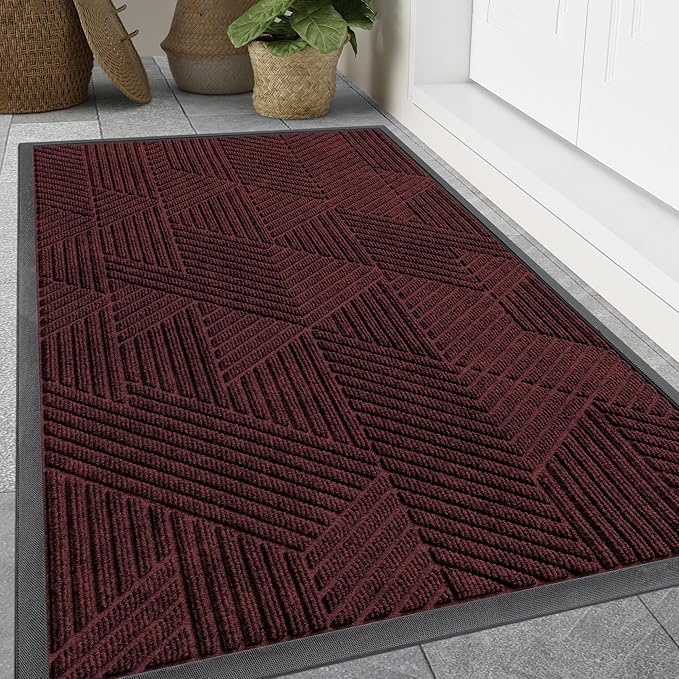 Smiry Front Door Mat Outside Entrance, Heavy Duty Sturdy Natural Rubber Doormat, Trap Dirt and Moisture, Easy Clean Low Profile Mats for Indoor Outdoor Entry, Irregular Triangle (47x24, Dark Red)
