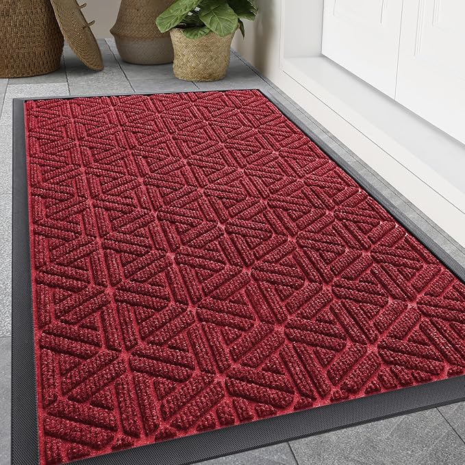 Smiry Front Door Mat Outside Entrance, Heavy Duty Sturdy Natural Rubber Doormat, Trap Dirt and Moisture, Easy Clean Low Profile Mats for Indoor Outdoor Entry, Grid Geometric (47x32, Wine Red)