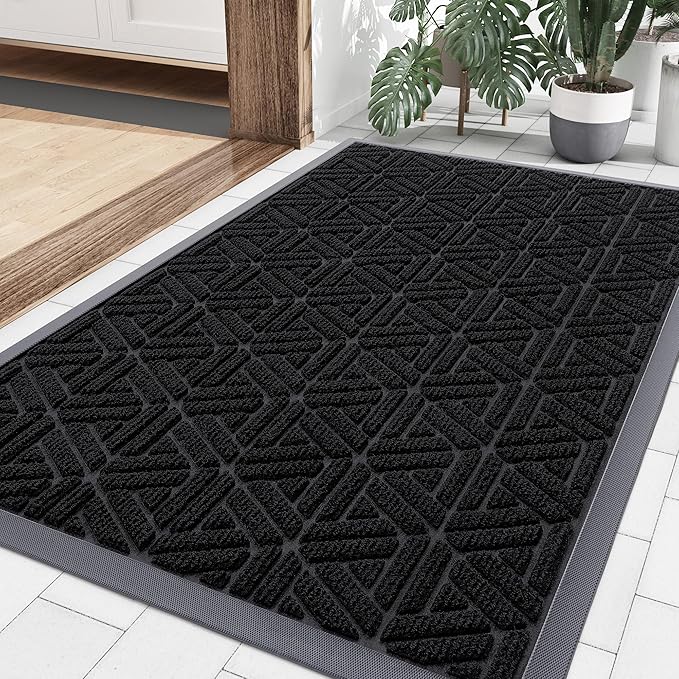 Smiry Front Door Mat Outside Entrance, Heavy Duty Sturdy Natural Rubber Doormat, Trap Dirt and Moisture, Easy Clean Low Profile Mats for Indoor Outdoor Entry, Grid Geometric (36x24, Black)