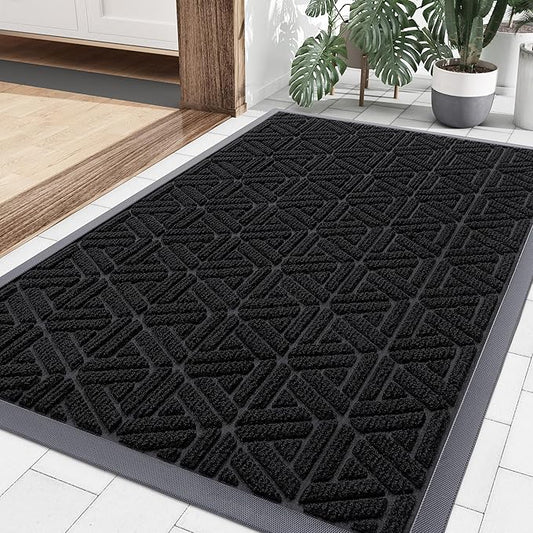 Smiry Front Door Mat Outside Entrance, Heavy Duty Sturdy Natural Rubber Doormat, Trap Dirt and Moisture, Easy Clean Low Profile Mats for Indoor Outdoor Entry, Grid Geometric (36x24, Black)
