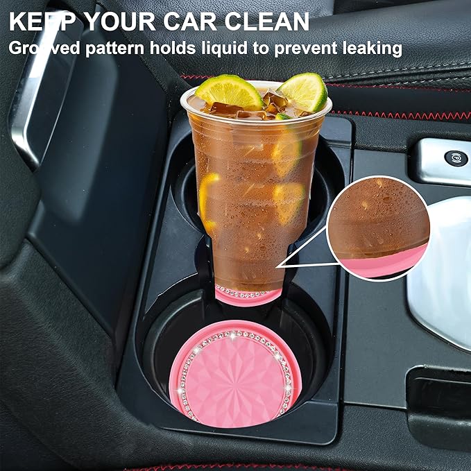 Amooca Car Cup Coaster 4 Pack Universal Non-Slip Cup Holders Insert Coasters Bling Crystal Rhinestone Car Interior Accessories Peach Pink Flower