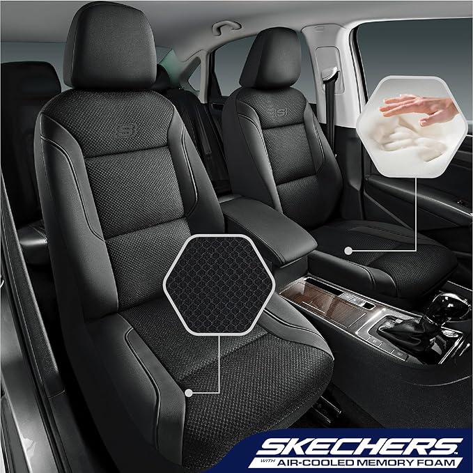 Skechers Men's Memory Foam Seat Covers, Air Cool Mesh Thick Car Seat Covers, Car Seat Covers Front Seats Airbag Compatible, Universal Automotive Comfort for Most Cars, Vans, Trucks, SUV,Black