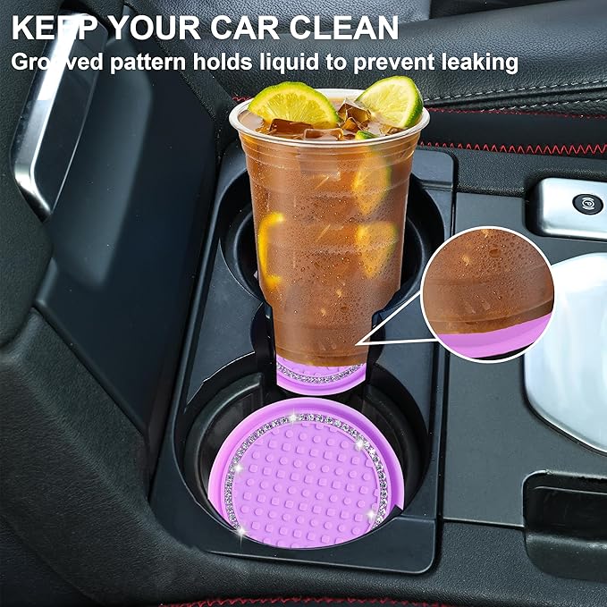 Amooca Car Cup Coaster 4 Pack Universal Non-Slip Cup Holders Insert Coasters Bling Crystal Rhinestone Car Interior Accessories Purple Dots