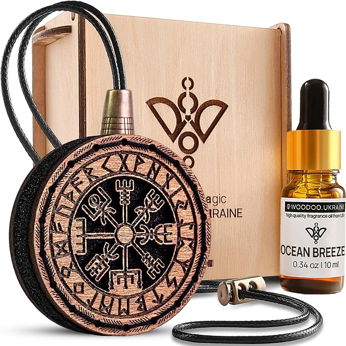 Wood Car Air Freshener — Handmade Car Air Freshener — Vegvisir Designed Fragrance Oil Diffuser in Wooden Gift Box — Aromatherapy Gift Set with Ocean Breeze Fragrance Oil - 10 ml