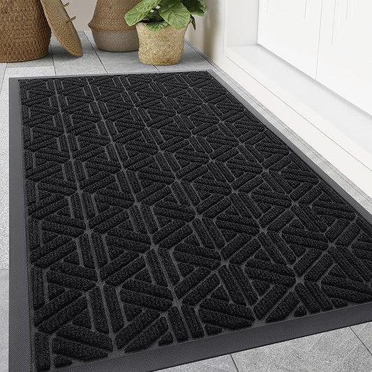 Smiry Front Door Mat Outside Entrance, Heavy Duty Sturdy Natural Rubber Doormat, Trap Dirt and Moisture, Easy Clean Low Profile Mats for Indoor Outdoor Entry, Grid Geometric (59x35, Black)