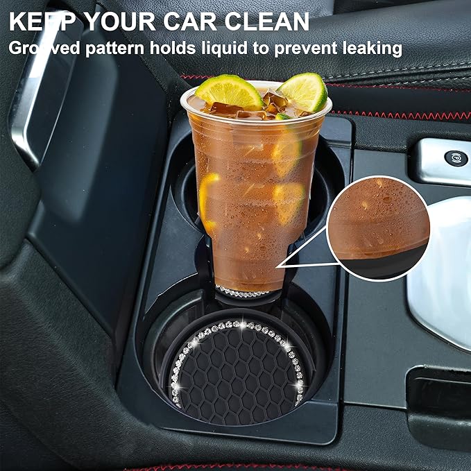 Amooca Car Cup Coaster 4 Pack Universal Non-Slip Cup Holders Insert Coasters Bling Crystal Rhinestone Car Interior Accessories Black Grid