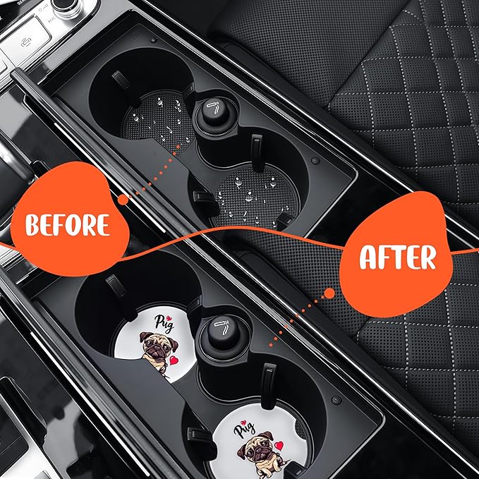 2 Pack Pug Car Cup Holder Coaster, Cute Pug Car Interior Accessories Drink Coaster for Women & Men, Pug Lovers Themed Gifts Stuff Accessories Things Merchandise Items!