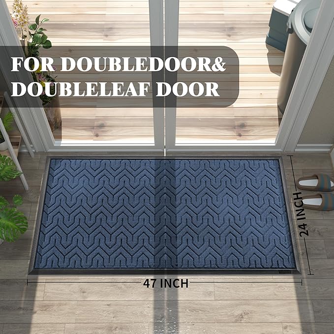 Yimobra Large Door Mat Outside Entrance 47x24, Waterproof Heavy Duty Outdoor Mats for Front Door, Non Slip Rubber Entry Mat for Garage Patio Indoor, Easy Clean, Blue
