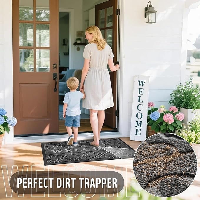 Yimobra Welcome Matt Outdoor Indoor 29.5x17, All-Weather Waterproof Front Door Mat Outside Entrance, Non-Slip Low Profile Porch Patio Doormat, Dark Grey