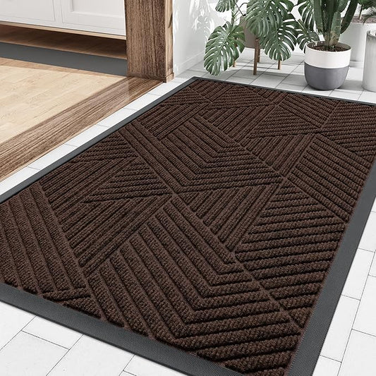 Smiry Front Door Mat Outside Entrance, Heavy Duty Sturdy Natural Rubber Doormat, Trap Dirt and Moisture, Easy Clean Low Profile Mats for Indoor Outdoor Entry, Irregular Triangle (36x24, Dark Brown)
