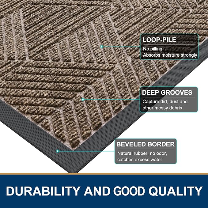 Smiry Front Door Mat Outside Entrance, Heavy Duty Sturdy Natural Rubber Doormat, Trap Dirt and Moisture, Easy Clean Low Profile Mats for Indoor Outdoor Entry, Irregular Triangle (36x24, Taupe)