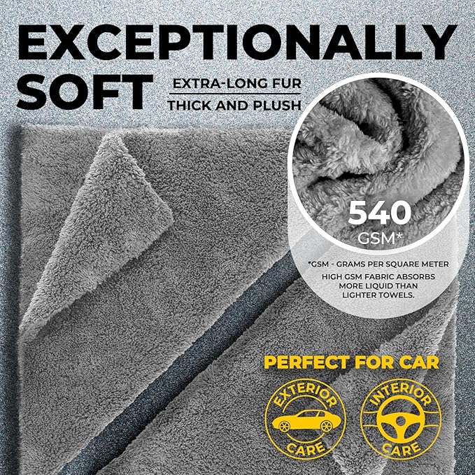 Edgeless Microfiber Towels for Cars – 6pk (12”x12”) - 540 GSM - Super Soft Detailing & Buffing – Scratch-Free & Absorbent Microfiber Cleaning Cloths for Car Polishing