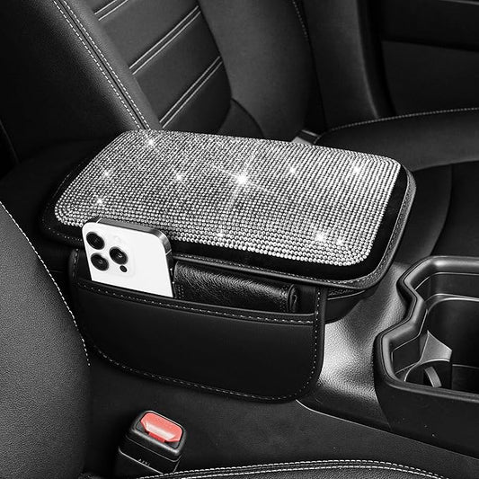 Bling Center Console Cover Fit for Nissan Rogue 2008-2020: Crystal Rhinestone Automotive Armrest Cushion-Stylish Diamond Arm Rest Protection Mat(Black)