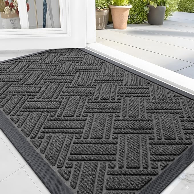 OLANLY Indoor Outdoor Mat, Sturdy Natural Rubber Floor Mat, Non Slip Low Profile Waterproof Doormat, and Stain Front Door Mats, Easy Clean Patio Entrance Mat, 30''x17'', Light Grey