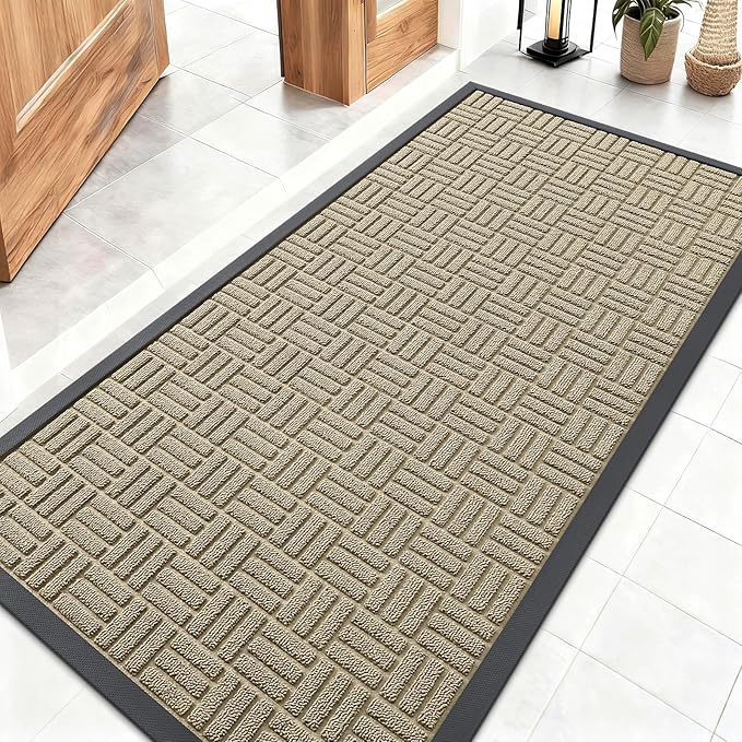 OLANLY Front Door Mat Outside Entrance 47x23, Absorbent, Heavy Duty Sturdy Natural Rubber Doormat Indoor Outdoor, Stain and Fade Resistant, Non-Slip Backing Low Profile Floor Mat for Entryway, Beige