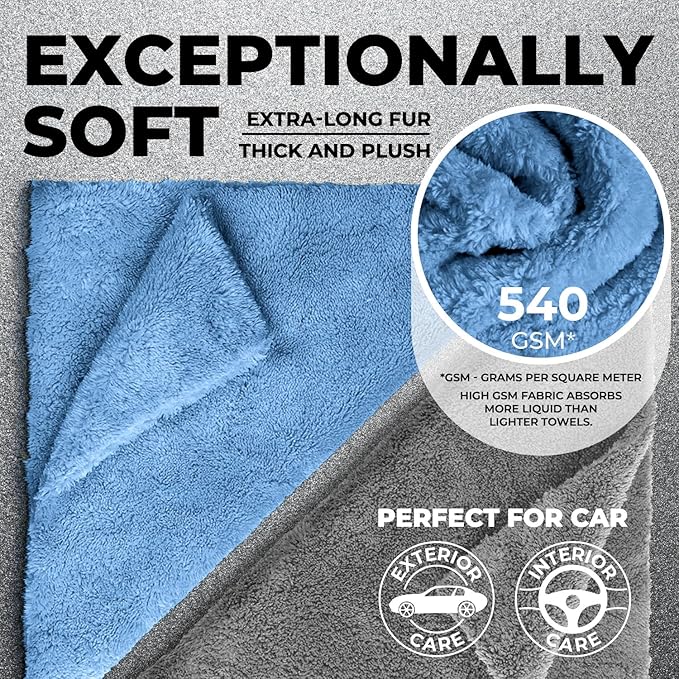 Edgeless Microfiber Towels for Cars – 6pk (12”x12”) - 540 GSM - Super Soft Detailing & Buffing – Scratch-Free & Absorbent Microfiber Cleaning Cloths for Car Polishing