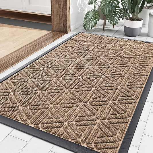 Smiry Front Door Mat Outside Entrance, Heavy Duty Sturdy Natural Rubber Doormat, Trap Dirt and Moisture, Easy Clean Low Profile Mats for Indoor Outdoor Entry, Grid Geometric (36x24, Coffee)