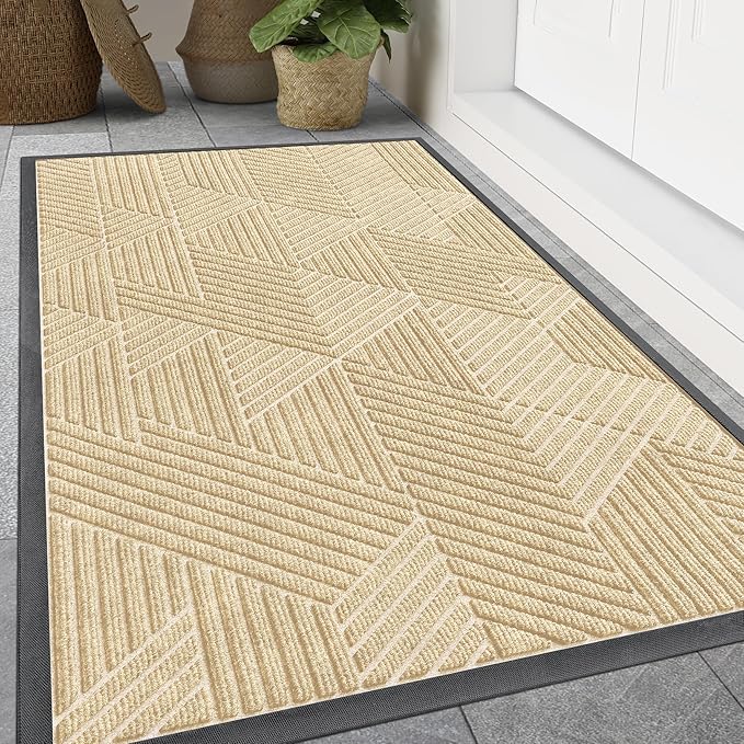 Smiry Front Door Mat Outside Entrance, Heavy Duty Sturdy Natural Rubber Doormat, Trap Dirt and Moisture, Easy Clean Low Profile Mats for Indoor Outdoor Entry, Irregular Triangle (47x32, Beige)