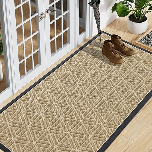 Smiry Front Door Mat Outside Entrance, Heavy Duty Sturdy Natural Rubber Doormat, Trap Dirt and Moisture, Easy Clean Low Profile Mats for Indoor Outdoor Entry, Grid Geometric (59x24, Beige)