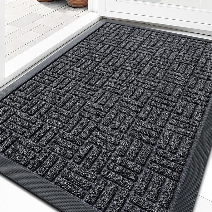 OLANLY Front Door Mat Outside Entrance 47x32, Absorbent, Heavy Duty Sturdy Natural Rubber Doormat Indoor Outdoor, Non-Slip, Stain and Fade Resistant, Low Profile Floor Mat for Entryway, Black Gray