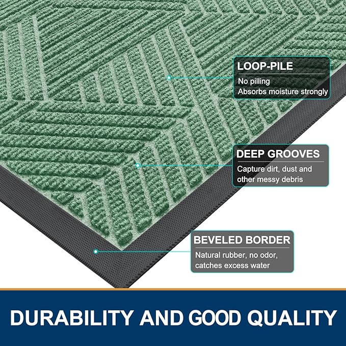 Smiry Front Door Mat Outside Entrance, Heavy Duty Sturdy Natural Rubber Doormat, Trap Dirt and Moisture, Easy Clean Low Profile Mats for Indoor Outdoor Entry, Irregular Triangle (36x24, Mint Green)