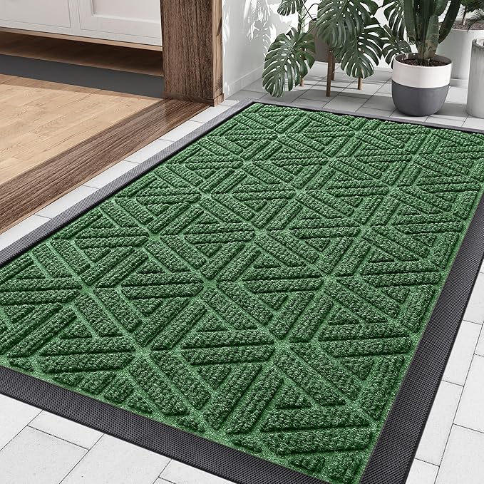 Smiry Front Door Mat Outside Entrance, Heavy Duty Sturdy Natural Rubber Doormat, Trap Dirt and Moisture, Easy Clean Low Profile Mats for Indoor Outdoor Entry, Grid Geometric (29.5x17, Green)