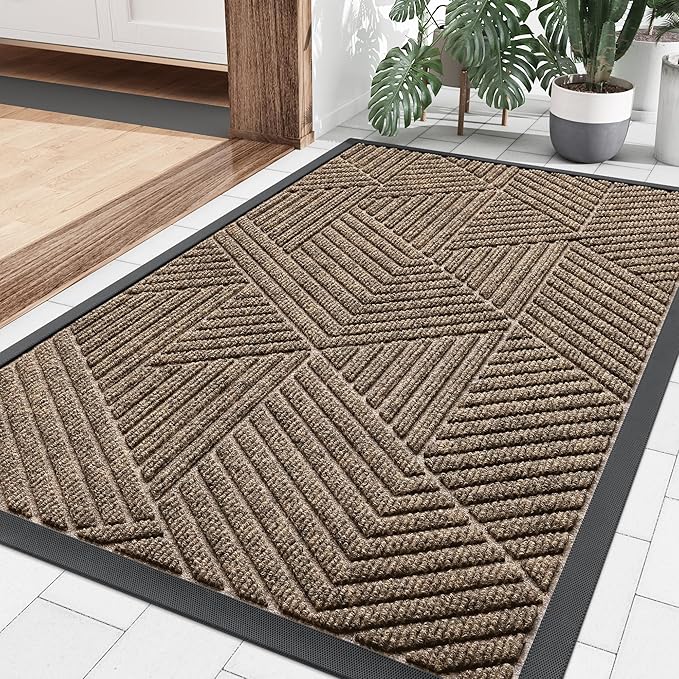 Smiry Front Door Mat Outside Entrance, Heavy Duty Sturdy Natural Rubber Doormat, Trap Dirt and Moisture, Easy Clean Low Profile Mats for Indoor Outdoor Entry, Irregular Triangle (36x24, Taupe)