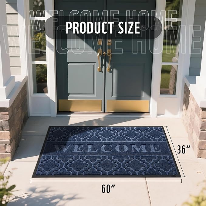 Yimobra Welcome Mat Outdoor Indoor, All-Season Waterproof Front Door Mat Outside Entrance, All-Weather Heavy Duty Non-Slip Doormat, Low Profile Porch Patio Entrance Mats, 60x36, Blue