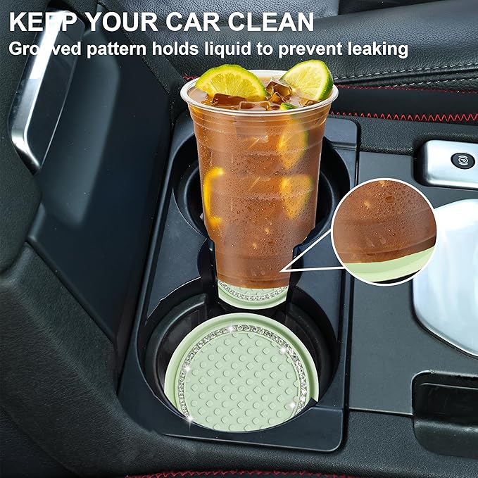 Amooca Car Cup Coaster 4 Pack Universal Non-Slip Cup Holders Insert Coasters Bling Crystal Rhinestone Car Interior Accessories Tea Green Dots