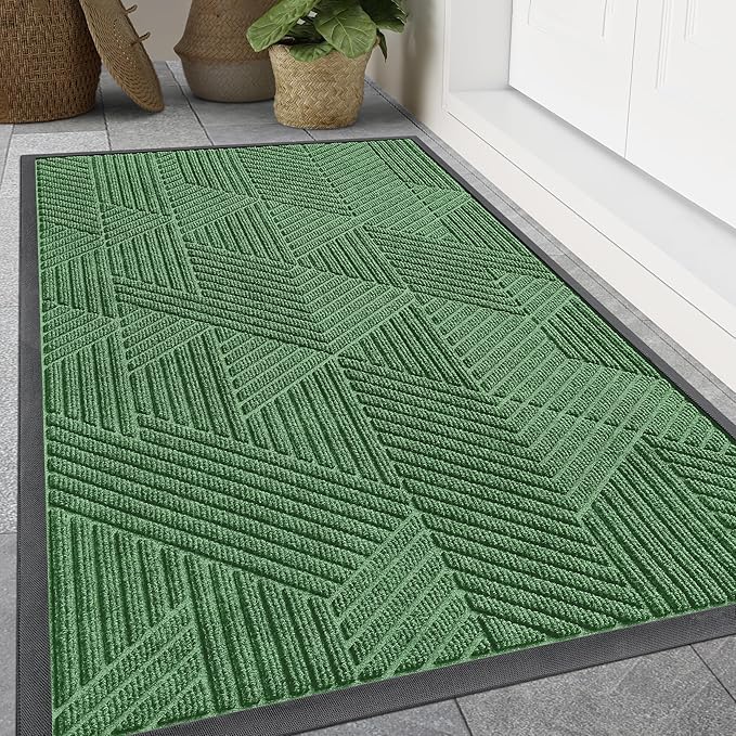 Smiry Front Door Mat Outside Entrance, Heavy Duty Sturdy Natural Rubber Doormat, Trap Dirt and Moisture, Easy Clean Low Profile Mats for Indoor Outdoor Entry, Irregular Triangle (47x32, Green)
